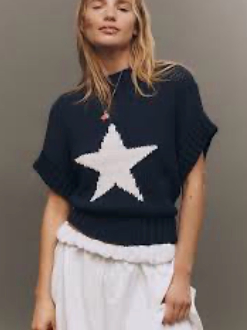 Maeve Navy Short-Sleeve Crew Sweater with White Star